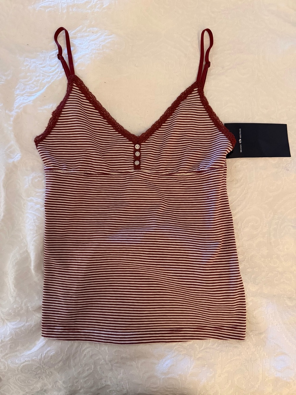Brandy Melville Burgundy and White Striped Lace-Trim Cami